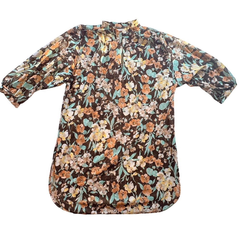 Teddi of California Floral Tunic Blouse Womens L Brown Vintage 70s Boho 3/4 Slv